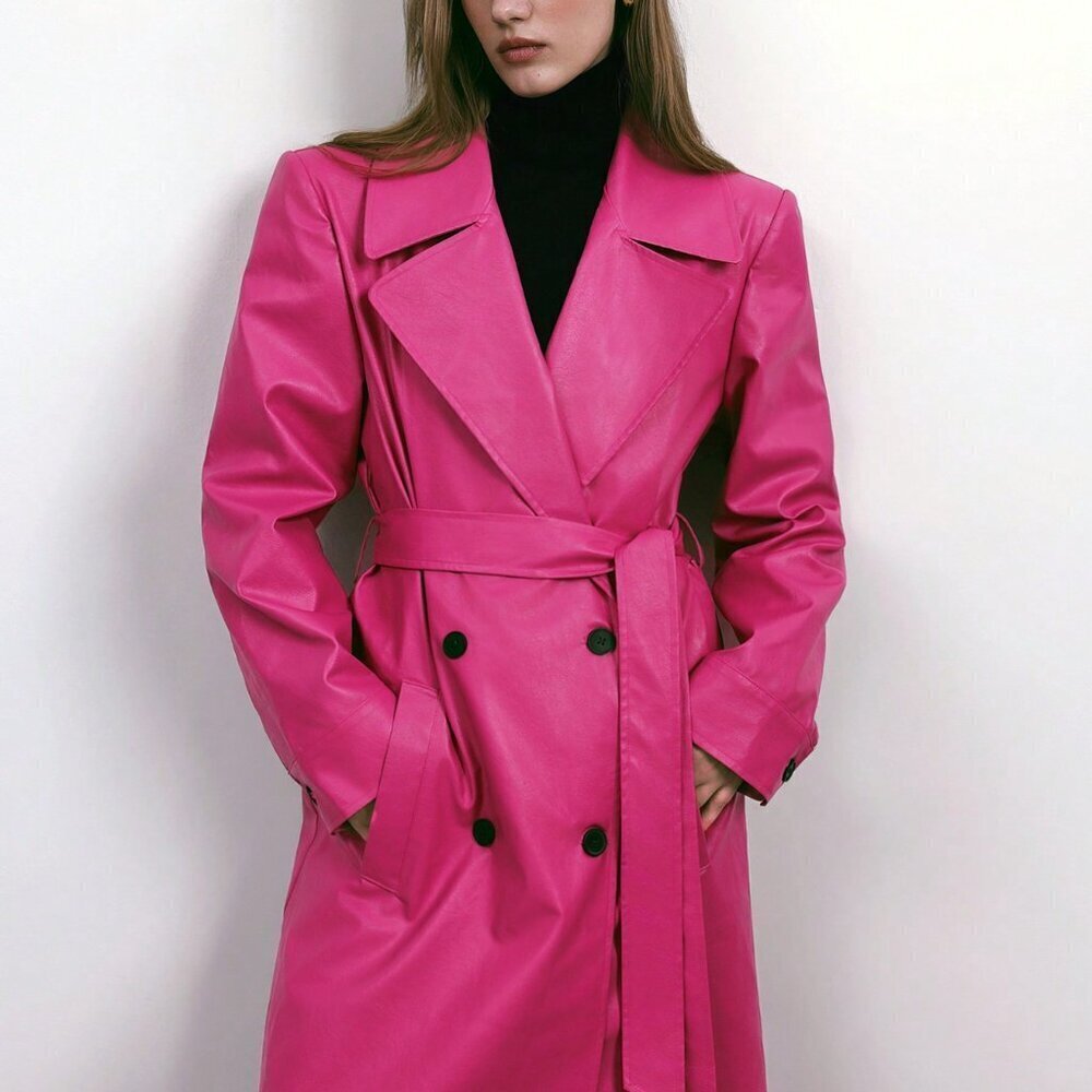 Hot Pink Elegant Women's Woven Fabric Coat